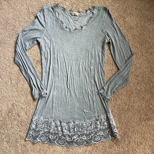 TREDY UK Tunic Top Grey Blue Bohemian Ethnic Lagenlook Lace Trimmed Y2K Size L